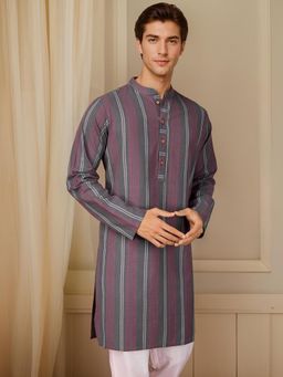 Gahan - Striped Mandarin Collar Pure Cotton Straight Kurta - Grey