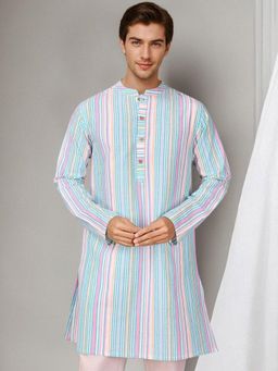 Gahan - Striped Mandarin Collar Pure Cotton Straight Kurta - Blue