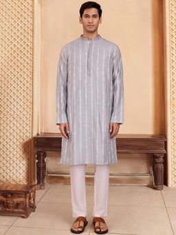 Gahan - Ethnic Motifs Woven Design Kantha Work Mandarin Collar Straight Kurta - Grey