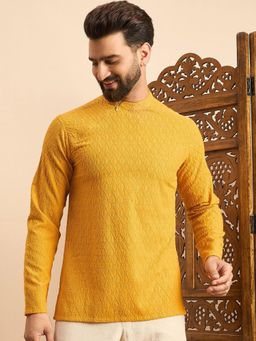 Gahan - Ethnic Motifs Embroidered Mandarin Collar Kurta - Yellow