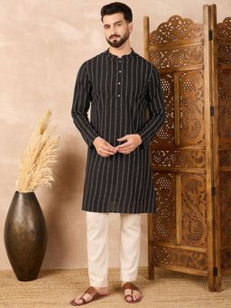 Gahan - Men Striped Festive Cotton Straight Kurta - Black