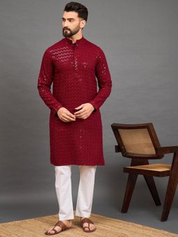 Gahan - Geometric Embroidered Sequinned Mandarin Collar Straight Kurta - Maroon