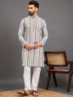 Gahan - Striped Mandarin Collar Straight Pure Cotton Kurta - Grey