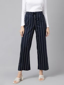 Xpose - Women Navy Blue & White Regular Fit Striped Trousers