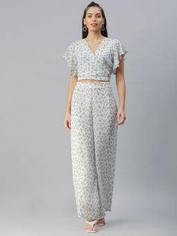 SHOWOFF - Women Above Knee V-Neck Off White Floral Co-Ord (Set of 2)