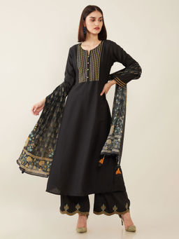 Soch - Black Machine Embroidery Silk Unstitched Dress Material - 3 Meter Kurta Fabric