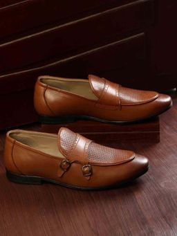 Louis Stitch - Cinnamon Brown Italian Leather Double Monk Plain Shoes for Men