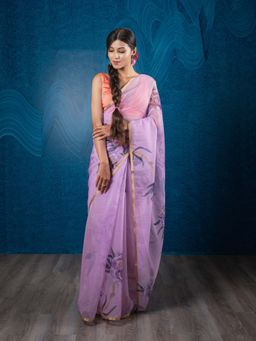 EXCLUSIVA - Purple Floral Organza Digital Print Saree Zari Border with Unstitched Blouse