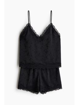 H&M - Women Black Lace-Trimmed Satin Top And Shorts