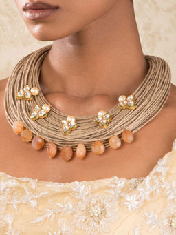 Joules By Radhika - Captivating Carnelian Orange Jute, Pearls, Kundan Necklace
