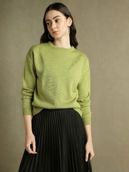 DL WOMAN - Woman Apple Green Solid Round Neck Full Sleeves Sweater