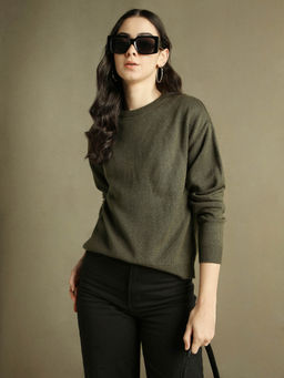 DL WOMAN - Woman Olive Solid Round Neck Full Sleeves Sweater