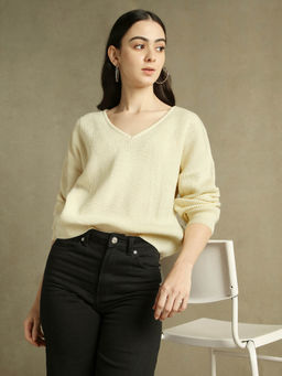 DL WOMAN - Woman Off White Solid V-Neck Full Sleeves Sweater
