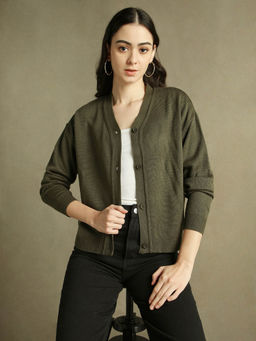 DL WOMAN - Woman Olive Solid V-Neck Full Sleeves Cardigan