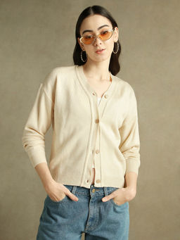 DL WOMAN - Woman Off White Solid V-Neck Full Sleeves Cardigan