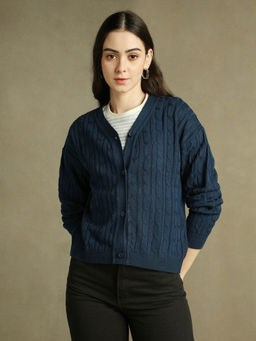 DL WOMAN - Woman Mid Blue Solid V-Neck Full Sleeves Cardigan