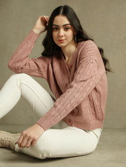 DL WOMAN - Woman Pink Solid V-Neck Full Sleeves Cardigan