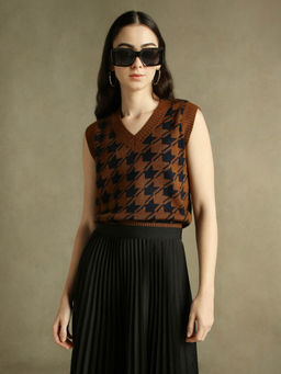 DL WOMAN - Woman Brown Printed V-Neck Sleeveless Sweater Vest