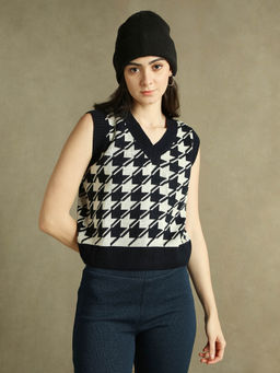 DL WOMAN - Woman Navy Blue Printed V-Neck Sleeveless Sweater Vest