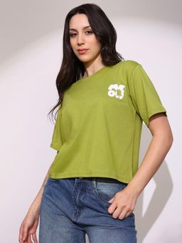 Globus - Women Green Round Neck Oversized Crop T-Shirt