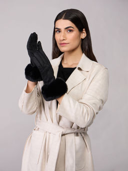 Twenty Dresses by Nykaa Fashion - Black Self Checks Textured Faux Fur Trim Winter Gloves