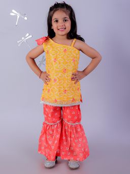 Lil Drama - Stylish Girls Printed Chanderi Lurex Kurta Sharara-yellow (Set of 2)