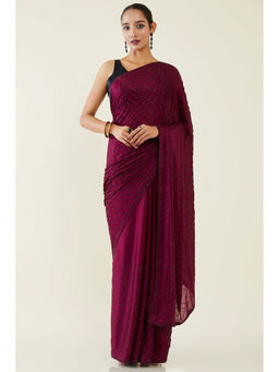 Soch - Women Wine Crepe Embellished & Sequined Saree with Unstitched Blouse