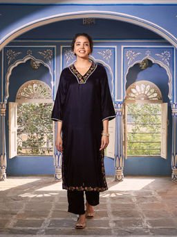 Rustorange - Blue Velvet Floral V Neck Embroidered Kurta