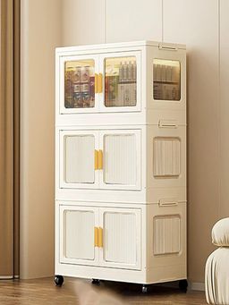 House of Quirk - 3 Layer Storage Box Cabinet Wardrobe Plastic Foldable Closet Organizer - Cream