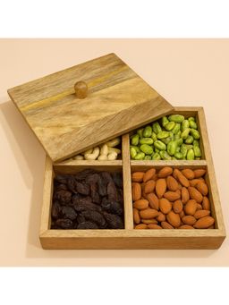 Oggn - Mango Wooden Fixed Dry fruit Box with 4 Compartment and Open Lid