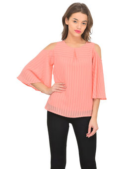 Marie Claire - Women Pink Coloured Georgette Self Striped Cold Shoulder Top