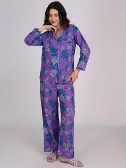 Moomaya - Purple Floral Regular Fit Shirt and pyjama (Set of 2)