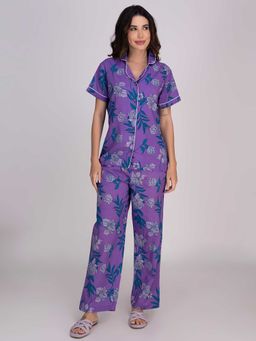 Moomaya - Purple Floral Regular Fit Shirt and pyjama (Set of 2)