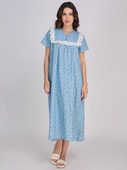 Moomaya - Blue Printed Regular Fit Night Dress