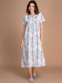 Moomaya - White Floral Regular Fit Night Dress