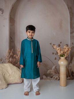 Mi Dulce An'ya - Teal Beaten Gold Boys Kurta with Pant (Set of 2)