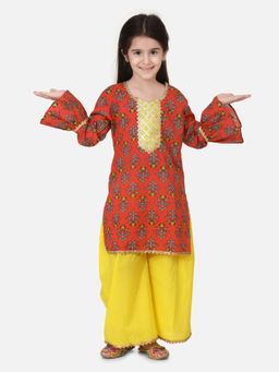 BownBee - Hand Block Print Kurti Palazzo for Girls- Coral (Set of 2)