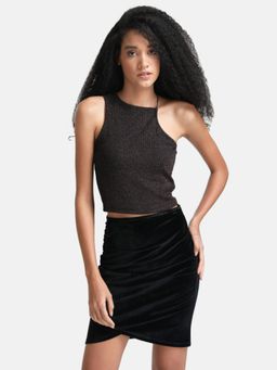 Kazo - Black Asymmetrical Neck Crop Top