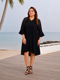 Fimonaa - Black V-Neck Lace Sleeve Dress with Belt