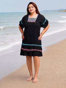 Fimonaa - Black Elegant Boho Pom-Pom Dress with Belt