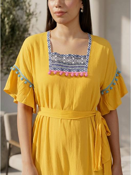 boho pom pom dress Buy Fimonaa Mustard Elegant Pom-Pom with Belt (38/40) Online Jenna Bush Hager and contemporary vacation dress CARE 55% Polyester Size (EU):60 Mini dress