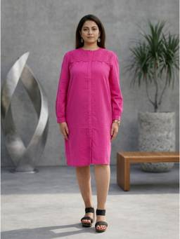 Fimonaa - Pink Button-Down Eyelet Dress with Belt