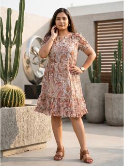 Fimonaa - Beige Paisley Ruffle Hem Dress