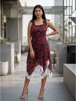 Fimonaa - Black Floral Midi Dress Lace Trim