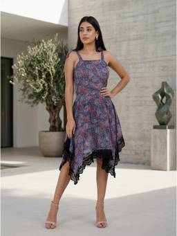 Fimonaa - Navy Blue Floral Midi Dress Lace Detail