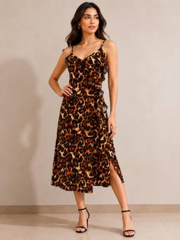 Fimonaa - Brown Savannah Leopard Midi Dress