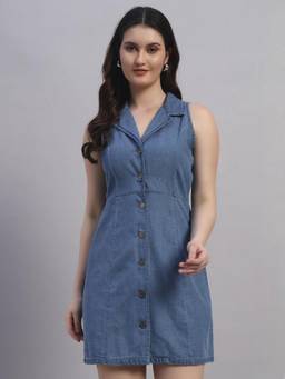 Label nyc apparel - Blue Women Denim Front Button Collar Short Dress