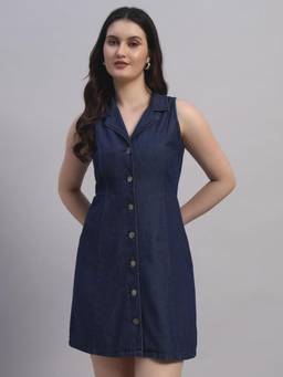 Label nyc apparel - Navy Blue Women Denim Front Button Collar Short Dress