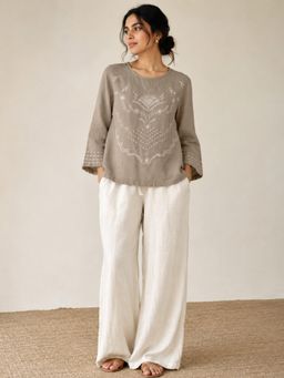 Scoup - Thread Embroidered Cotton Beige Top