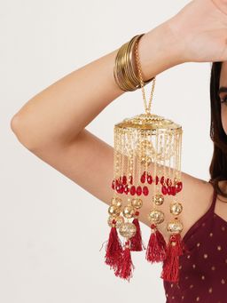 BeAbhika - Red Chandelier Pearl Tassels Kaleeras